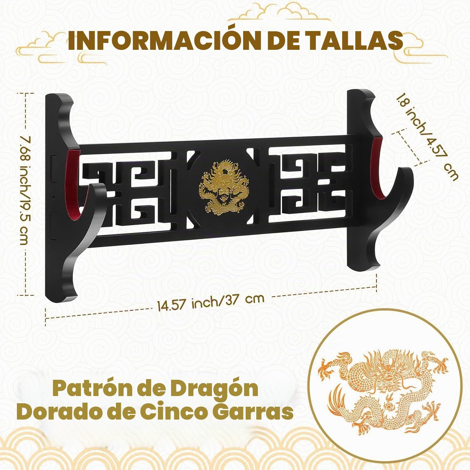 Soporte de pared para espada, soporte de exhibición, Acolchado Katana Wakizashi Genji y Samurai Swords Dragon Pattern,1 nivel