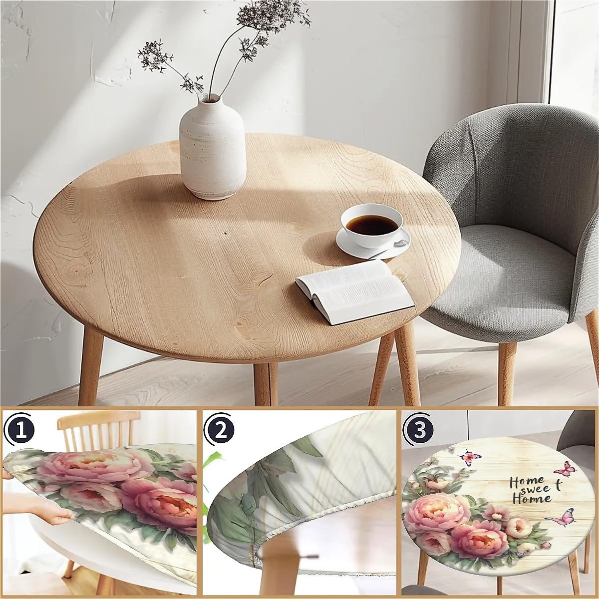 artslion Round 44in Tablecloth with Elastic Fits Tables Size 38"-42", Peonies and Butterflies Outdoor Tablecloth - Image 3
