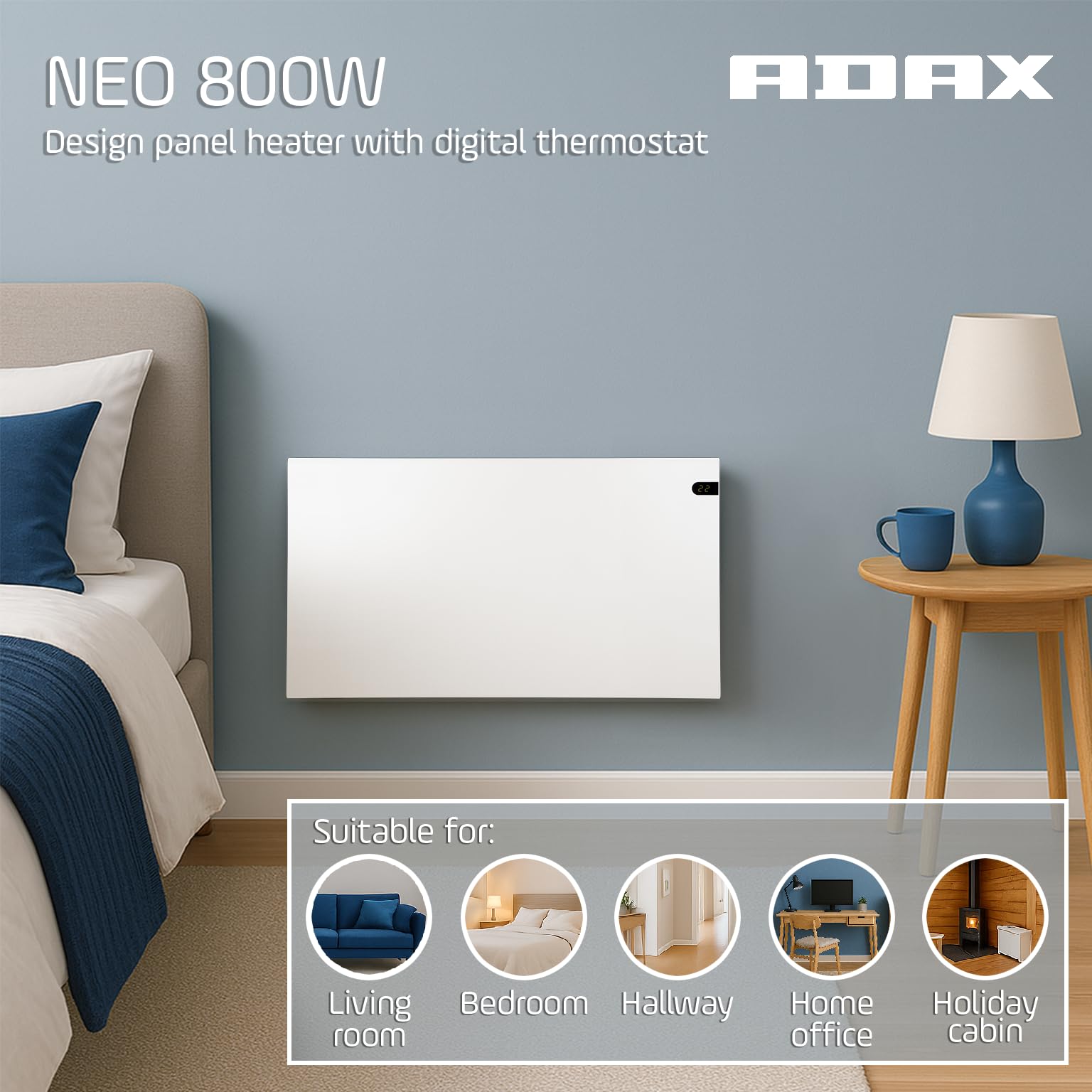 Adax Neo NP - Radiador Electrico Bajo Consumo 800W | Calefactor Bajo Consumo | Radiador eléctrico moderno | Altura 370mm | Calefactor Electrico KDT Blanco | IP20