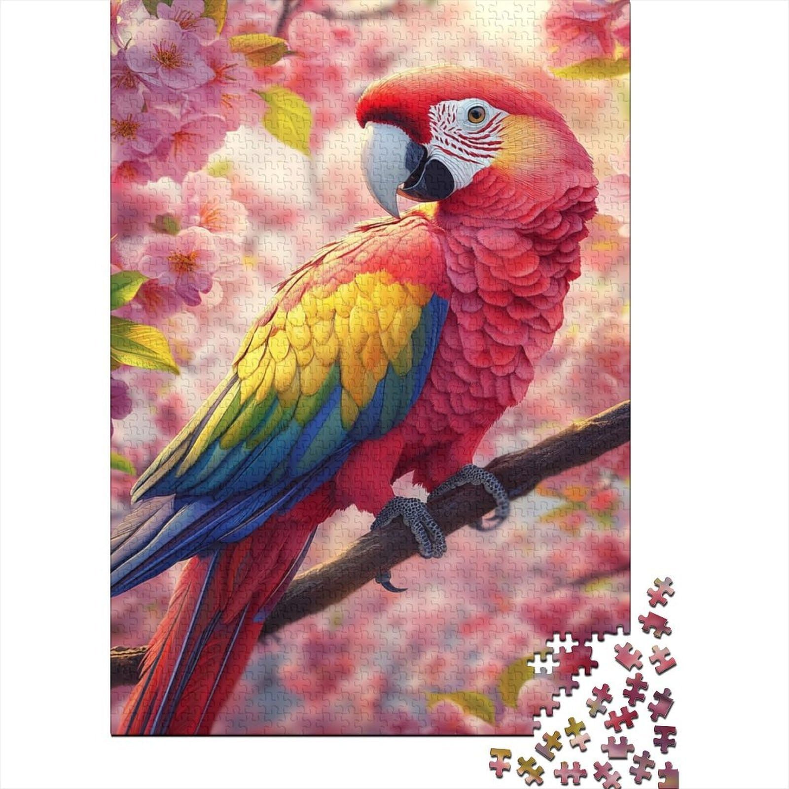 Parrot 1000 Piece Jigsaw Puzzle Paper Pieces Spring Blossoms Vibrant Feathers Jigsaw Puzzle for Adults Wall Art Decor Stress Relief Activity 70x50cm/1000pcs