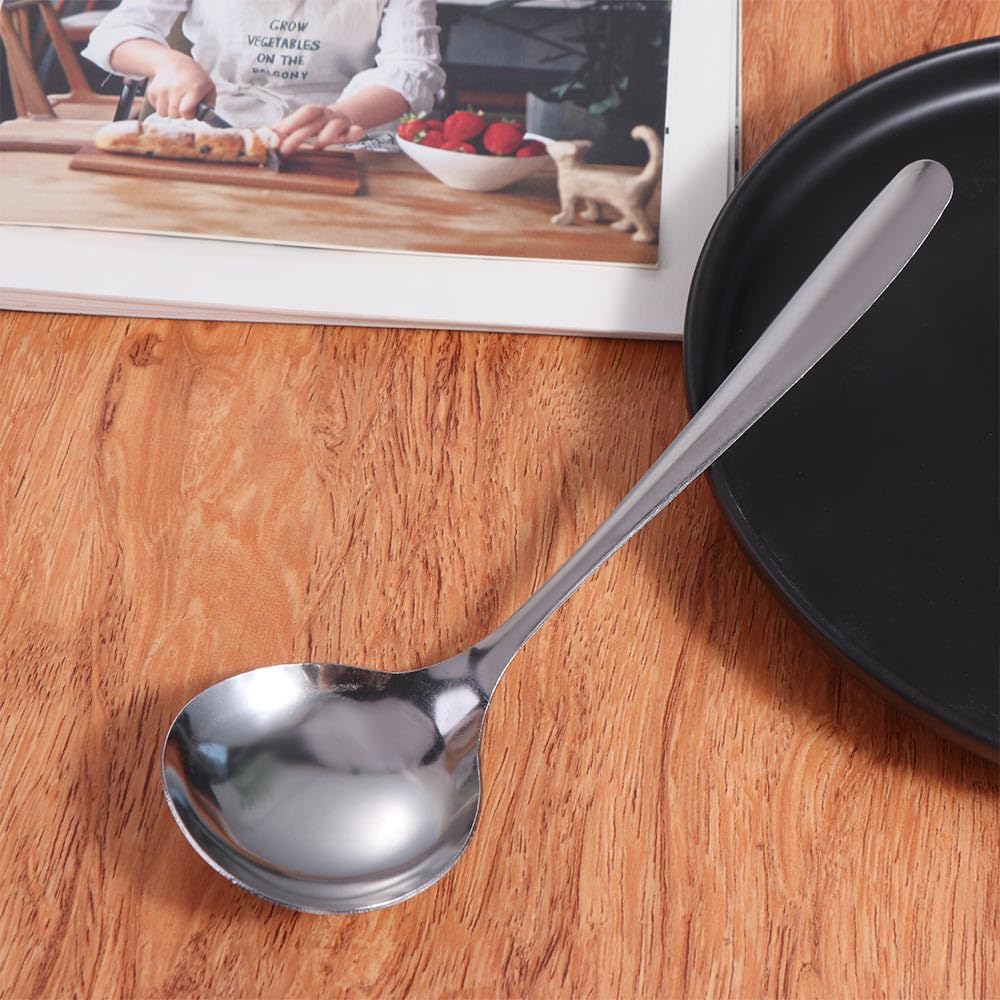 Cuchara de servir de acero inoxidable, 2 cucharones pequeños para servir, cuchara de sopa de mango largo, cucharón de salsa pequeño, cuchara de sopa asiática, cuchara pulida con espejo