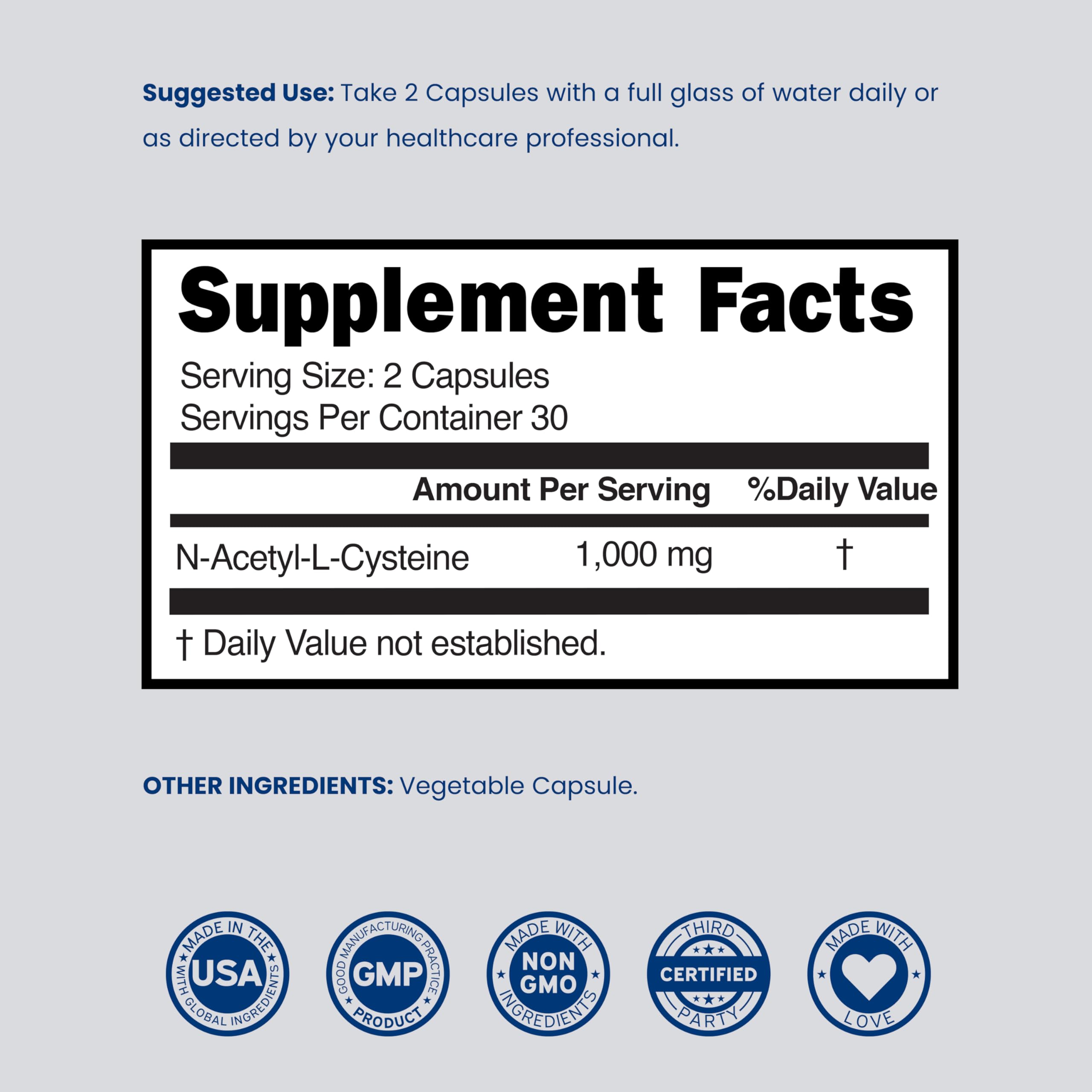 NAC Supplement N-Acetyl Cysteine 1000mg per Serving, 60 Vegan Capsules — Amazon image 6