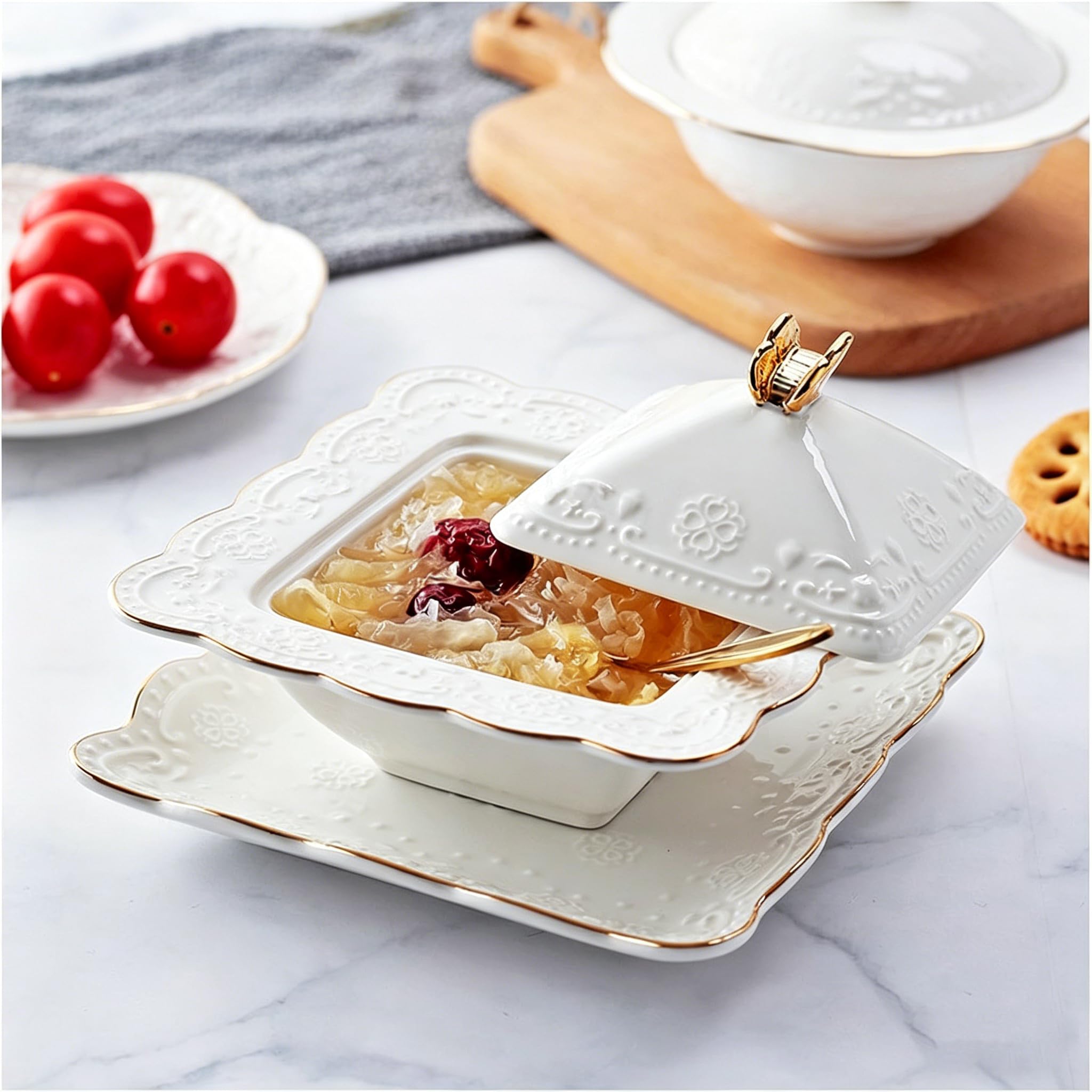 Keramik Suppenterrine mit Deckel, Hitzebeständige Servierschale für Suppe, Ideal für Partys zu Hause, Elegantes Design mit Goldenem Rand