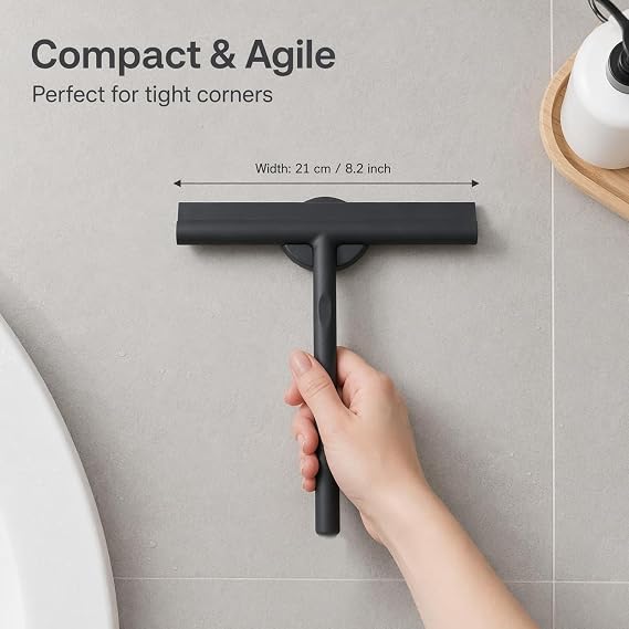Shower Squeegee for Glass Doors, Full Silicone Jacketed Squeegee with Ergonomic Handle & No-Drill Hook, Cleaning Tool for Windows, Mirrors, Tiles, Bathroom & Car - Black