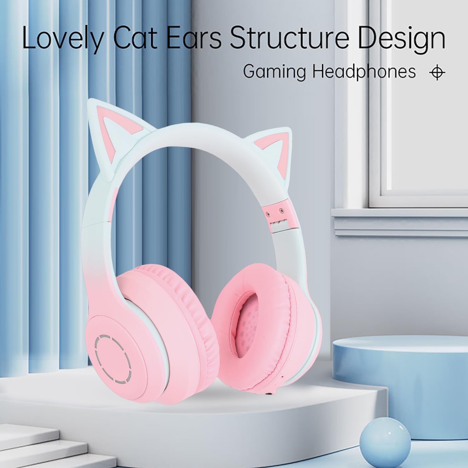 Kabelloses Gaming-Headset, niedliche Katzenohren, Bluetooth 5.3, LED-Beleuchtung, abnehmbares Mikrofon, 40-mm-Treiber, 3,5-mm-AUX-Kabel, faltbar, Bequeme Ohrpolster (PINK)