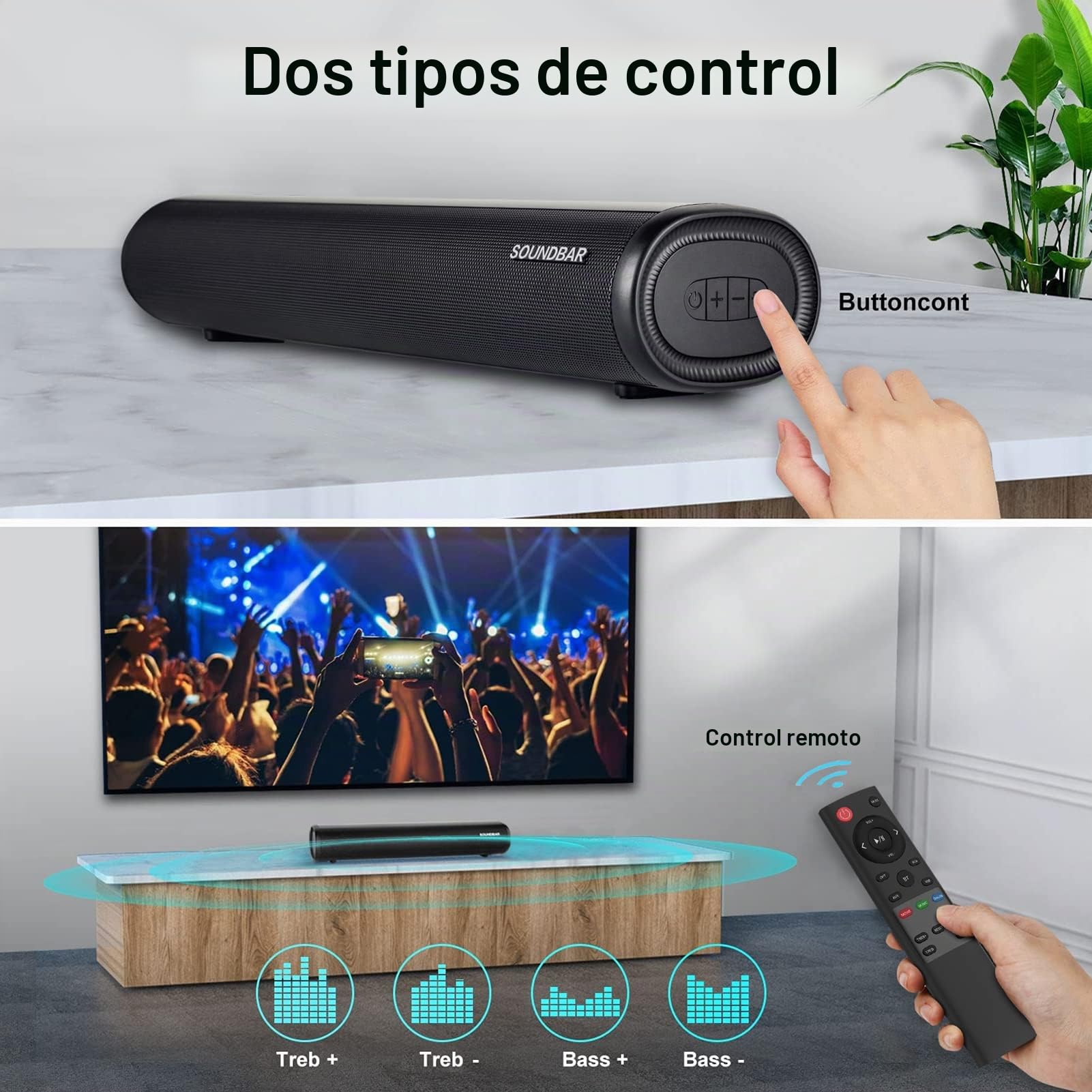 Barra de sonido con soporte para subwoofer inalámbrico, con entrada óptica + puertos AUX + USB + HDMI + RCA y kit de montaje en pared， tres modos de ecualizador apto para uso en ordenador/televisión.
