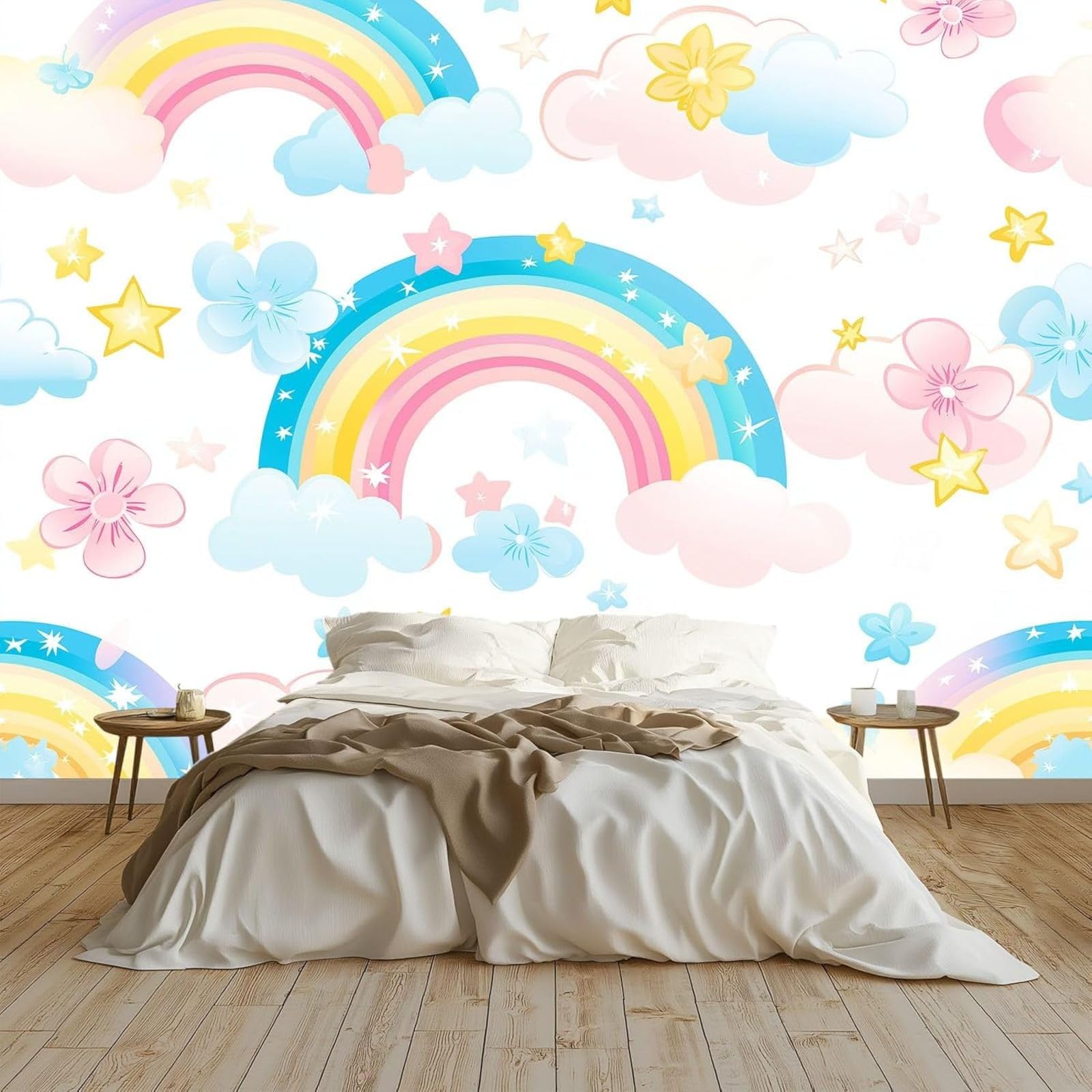 Kfjhgbdshhj 3D Mural Photo Wallpaper Painting Rainbow Clouds Flowers Non-Woven Wall Decoration Wallpaper Wall Covering Decoration Study Room Living Room Restaurant Cafe, White, 150Cm X 105Cm