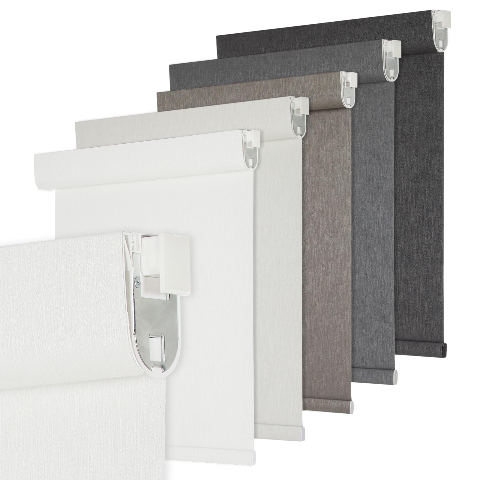 No Drill Blackout Roller Shades Cordless Window Blinds for Indoor Windows, Jacquard Fabric Pull Down Blinds for Home, Bedroom, Bathroom, Kitchen, Living Room, Office, Custom Size, White