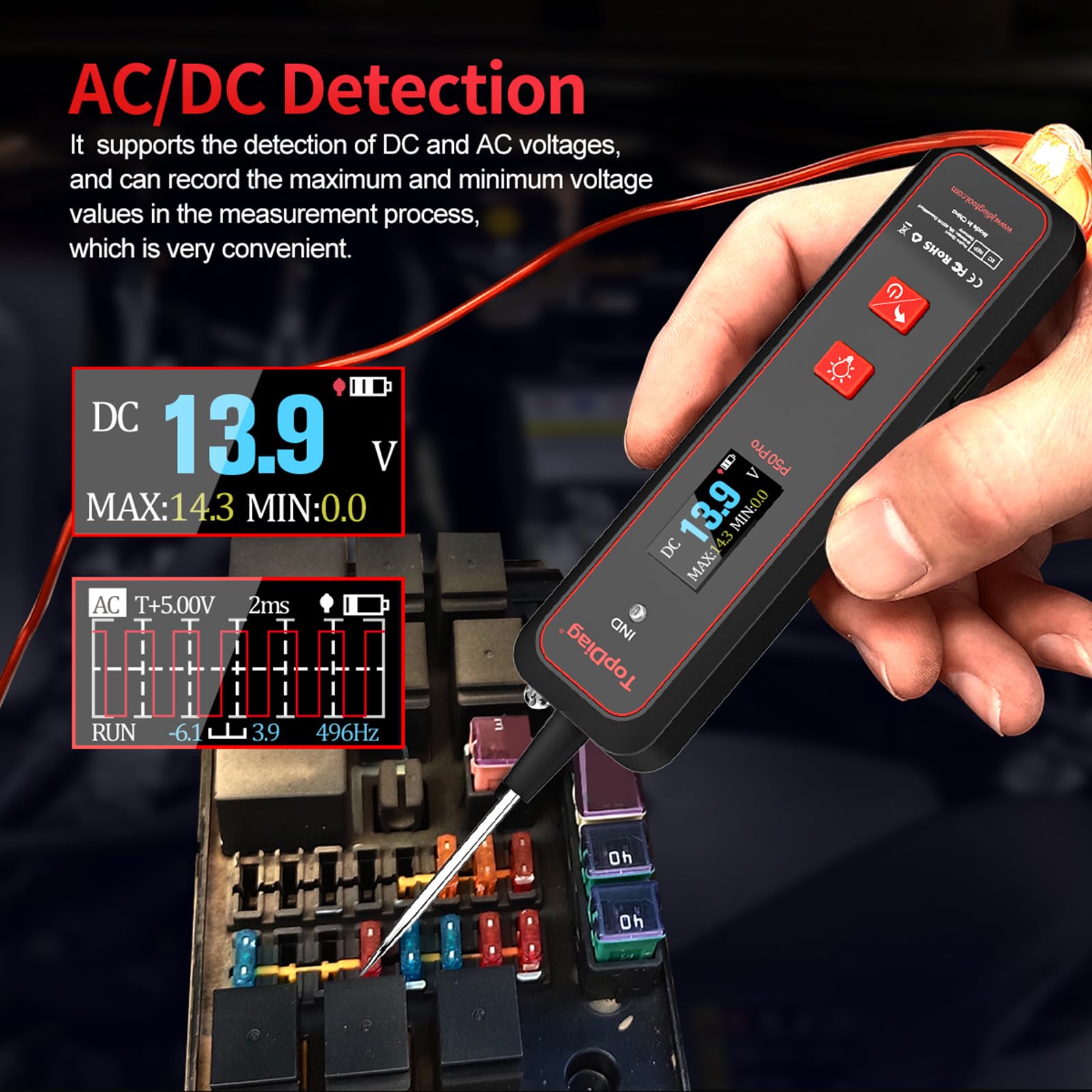 Shkalacar TopDiag p50pro KFZ Stromkreistester, 12V 24V Auto Spannungsprüfer Stift mit mit Taschenlampe, Unterstützt den AC/DC-Signalmodus, AC/DC-Prüfung, Stromkreissonden Kit für Autobatterie