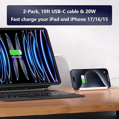 Miniatura 4 de iPad Charger Fast Charging 10ft for Apple iPad A16/11th/10th/Pro 13/12.9/11-inch/Air/Mini A17 Pro,2-Pack 20W USB-C Charger Block & 2-Pack Long 10 ft