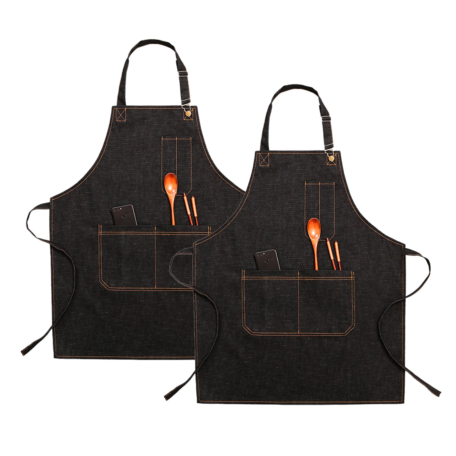Delantal de chef ajustable de mezclilla con bolsillos y tirantes, unisex, paquete de 2, multicolor
