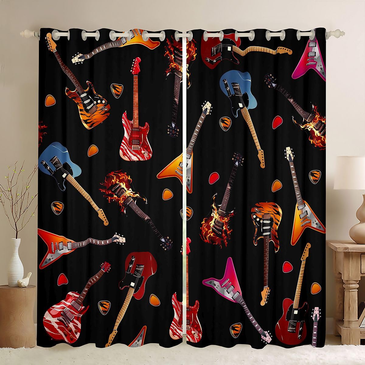 Homewish Rideau Occultant 117x137 cm Guitare Basse Colorée Rideau Instrument de Musique Rideaux Voilage Guitare Musique Rock Voilage Fenetre Thème Musical Hip Hop pour Chambre Salon