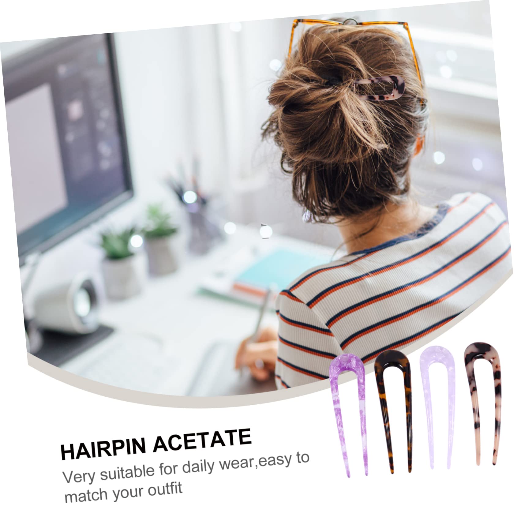 Beavorty 3 Sets Doppelzinken-haarstab in U-form Aus Acetat-clips Für Frauen Und Mädchen Stilvoller Dutthalter Haarnadel 4 Stück * 3