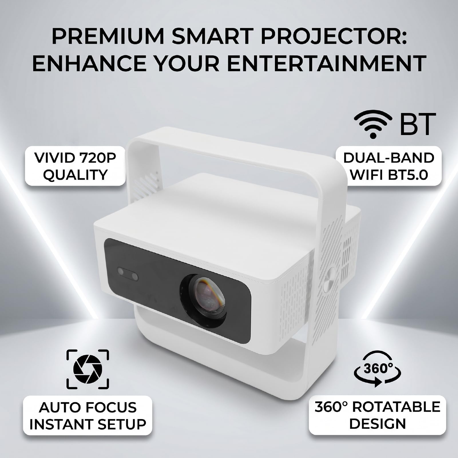 Naroote Inteligentny Projektor 720P z Wi-Fi i Bluetooth (wtyczka UE) | Przenośny Projektor Zewnętrzny z podstawą regulowaną 360°, funkcją Automatycznego Ustawiania Ostrości, 200 ANSI, Android 14.0