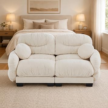 CASIRIS Modern Pleated Chenille 2 Seater Modular Sofa with High-Density Ergonomic Foam, Curved Round Armrests & 2 Throw Pillows Cozy Loveseat for Living Room, Apartment, Small Space Cream