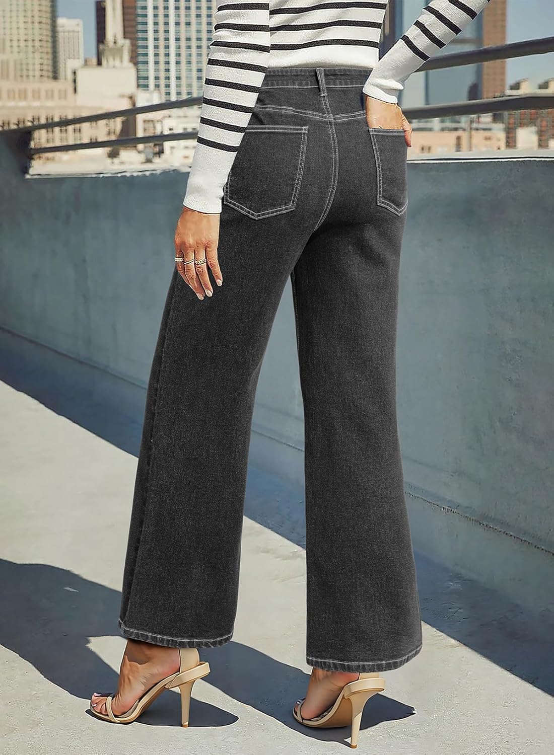 Dokotoo Women‘s High Waisted Wide Leg Jeans Strechy Raw Hem Denim Pants - Image 2