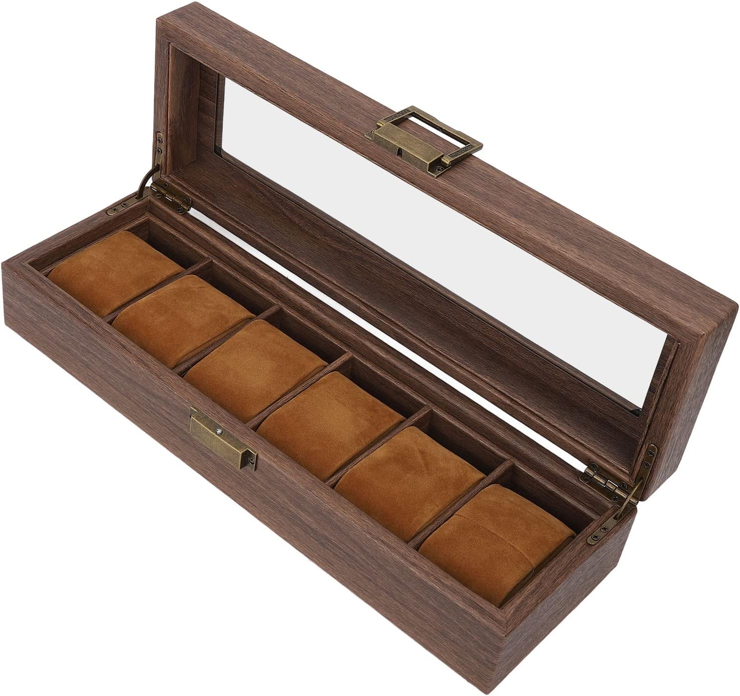 Acouto Watch Men Women with Large Glass Lid 6 Slot Watch Storage Display Wood PU Leather Lockable Wristwatch Protective Men - Clothing, Shoes & JewelryShoe, Jewelry &