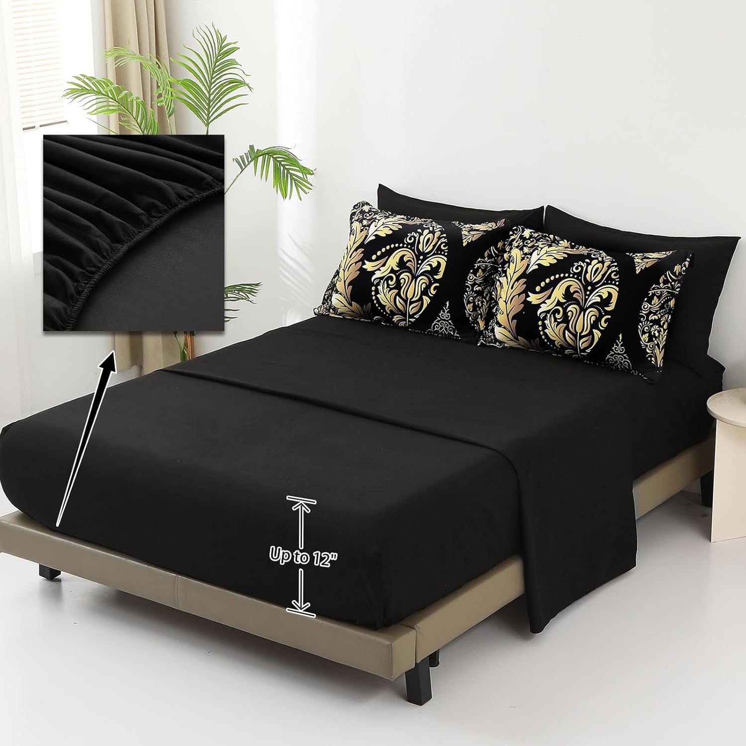 Anibedding Black Gold Comforter Set Queen Size, 7 Pieces Bohemian Damask Comforter Set Soft Lightweight Microfiber Bedding Set for All Season (90"x90") - Image 7