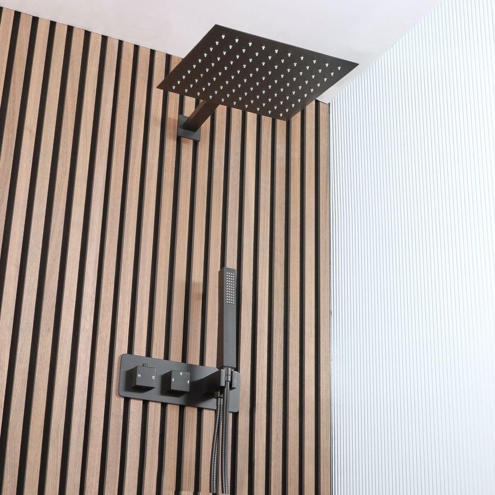 Milano Black Preto Thermostatic Mixer Valve 300Mm Shower Head Handset