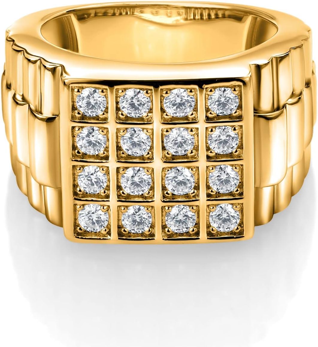 Gem Stone King White Round Moissanite Ring For Men | 925 Sterling Silver | Watch Cuban Rolex Style Square Cut Band Ring | 1.04 Cttw | Available In Size 7, 8, 9, 10, 11, 12, 13