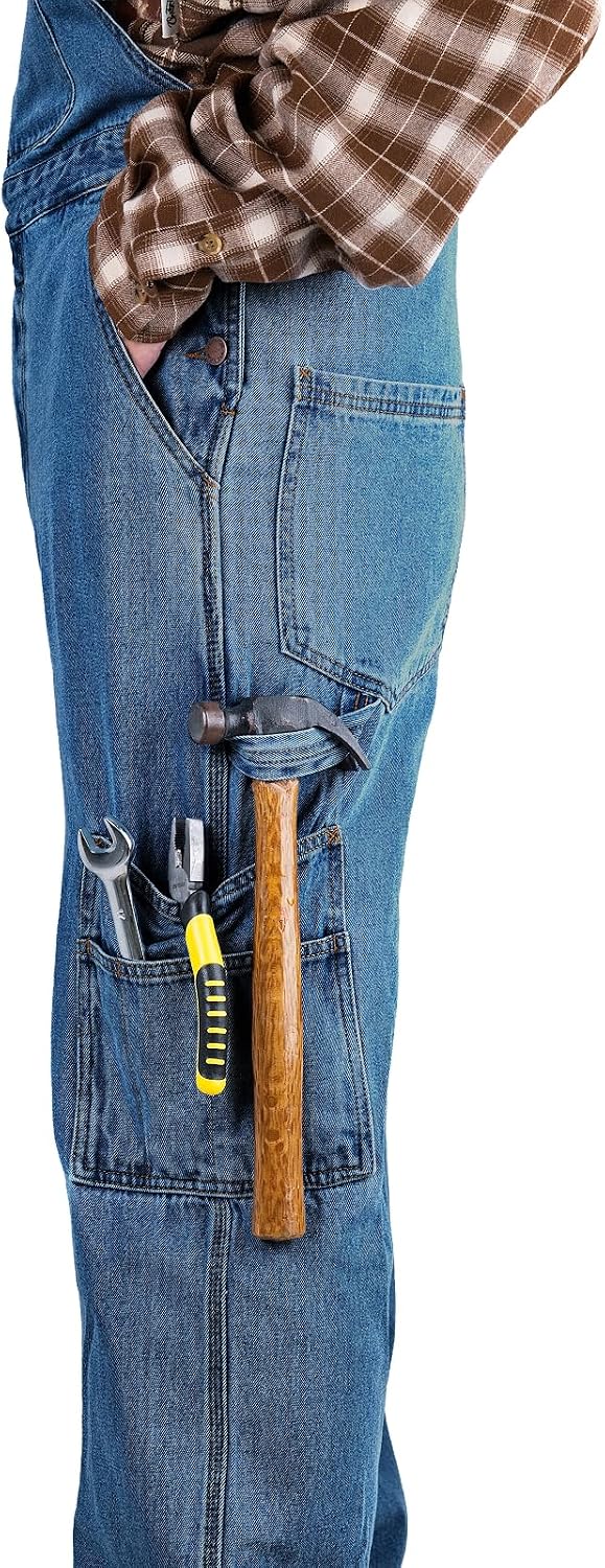WORK IDEA Men's Denim Bib Overalls, Heavy Duty Cotton, Multi-Pocket Design with Hammer Loop for Carpenter