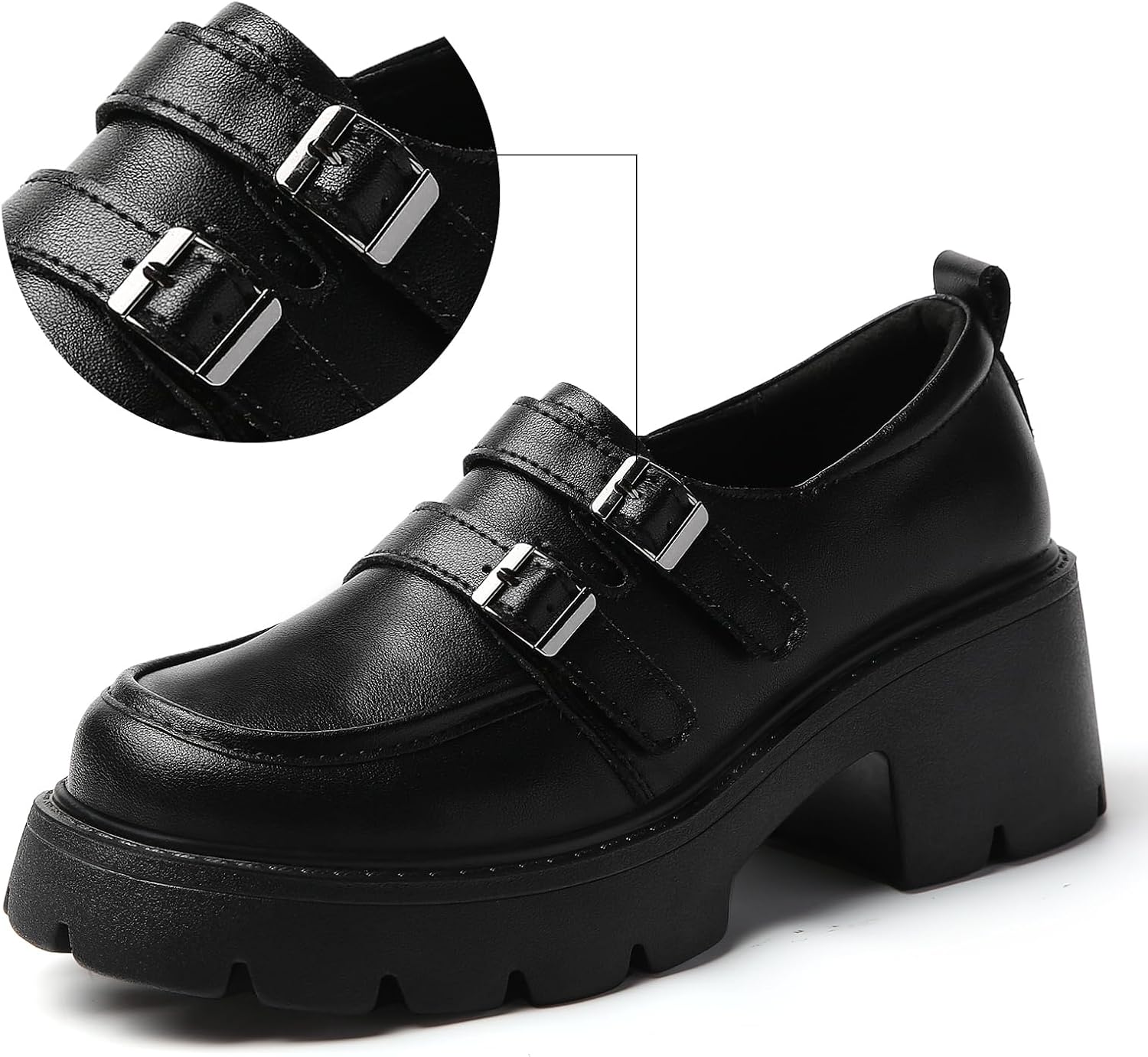 Women's Chunky Platform Loafers Double Buckle Monk Strap Slip On Lug Sole Heeled Loafers for Women