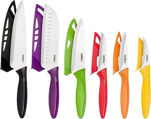 Zyliss - Juego de 6 piezas de cuchillos de cocina con fundas - Incluye cuchillo de chef, Santoku, multiuso, de pelar ondulado, de pelar y pelador -