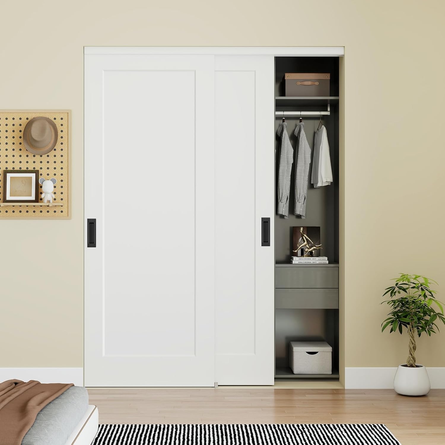 BARNSMITH 60x80 in Sliding Closet Door, 1-Panel White Primed Bypass Interior Door with Top Track & Floor Guide, Preassembled Door Slab with Paintable Surface, Durable