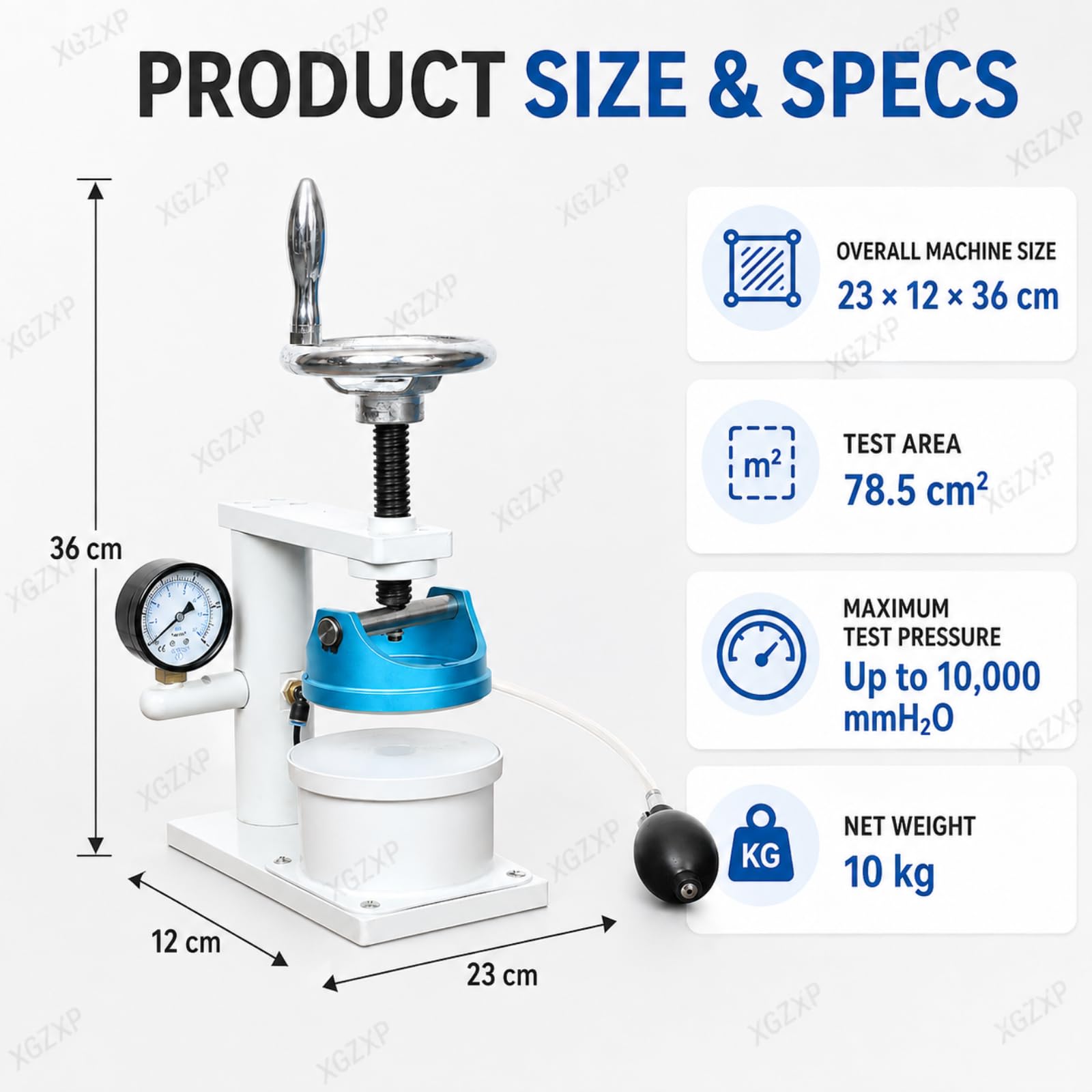Hydrostatyczny tester ciśnienia do tekstyliów, wodoszczelna tkanina tekstylna, zakres ciśnienia 0,01 – 0,1 MPa, obszar roboczy 78,5 cm², do torebek plastikowych, ubrań, namiotów, płaszczy