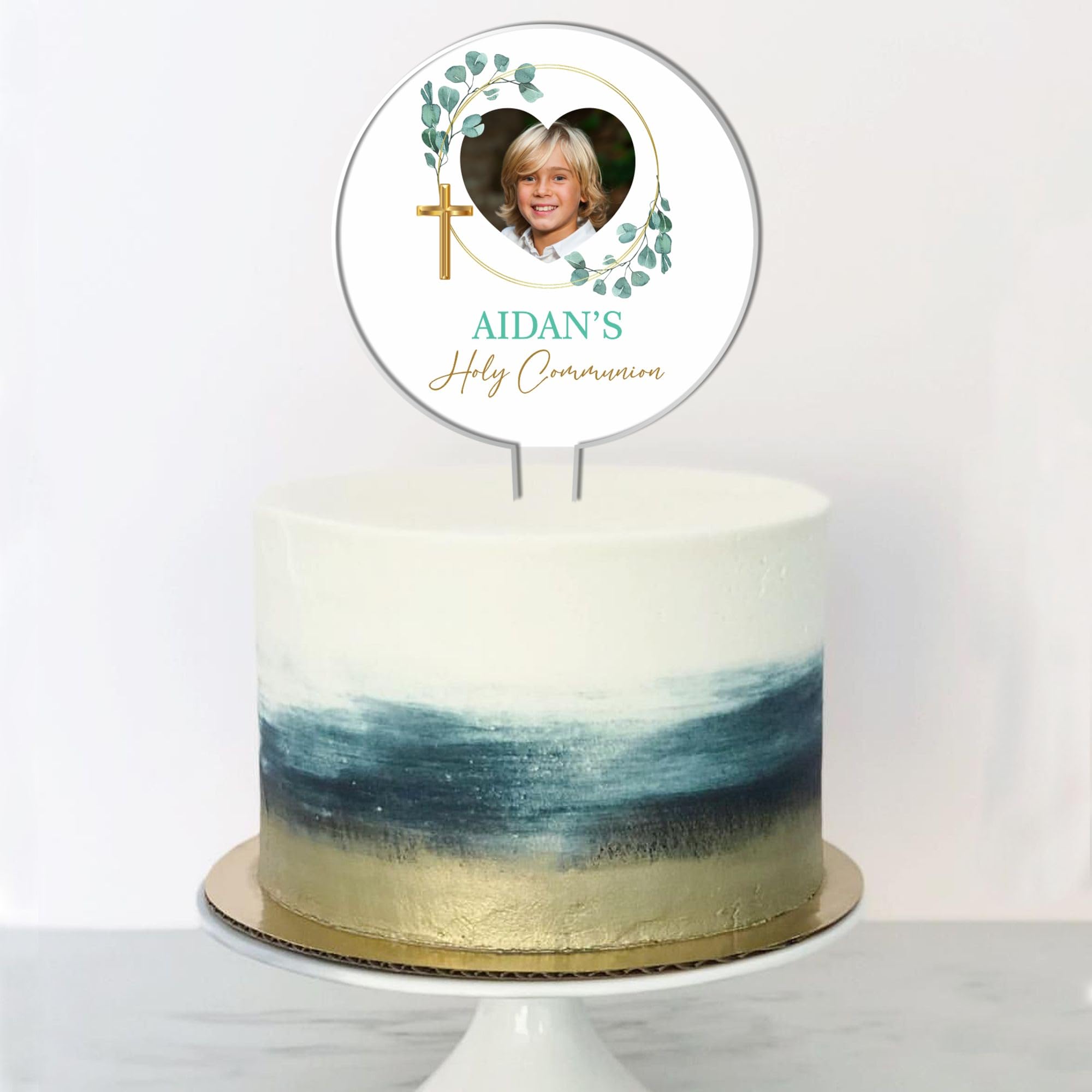 Personalised Photo Acrylic Cake Topper for Christenings, Holy Communions & Confirmations – Custom Child’s Name & Photo with Floral Wreath Designs (Holy Communion, Green Leafy Wreath)