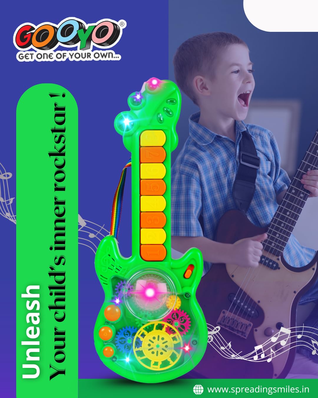 Gooyo GY999-53 Battery Operated Musical Toy Guitar with 8 Keys & 3D Gear & Flash Light Effects for Kids/Baby/Girls/Boys/Gifts/Toddlers | Green Color, Power Source: 3xAA Battery (Not Included) - Image 7 thumbnail