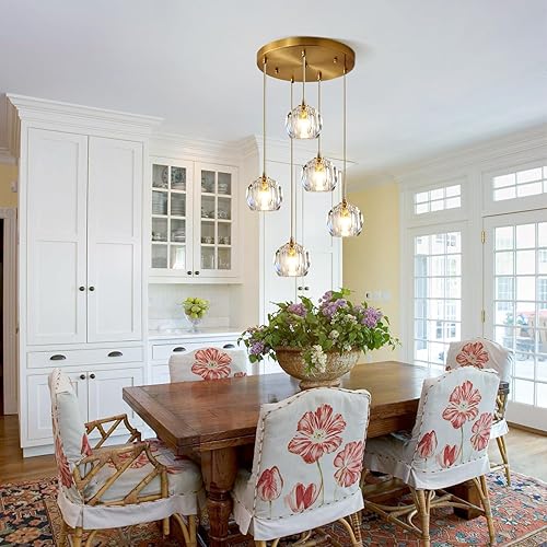 Miniatura 5 de Iluminación colgante de racimo de 5 luces de mediados de siglo, moderna lámpara colgante de isla de cocina de cristal dorado, lámpara colgante LED