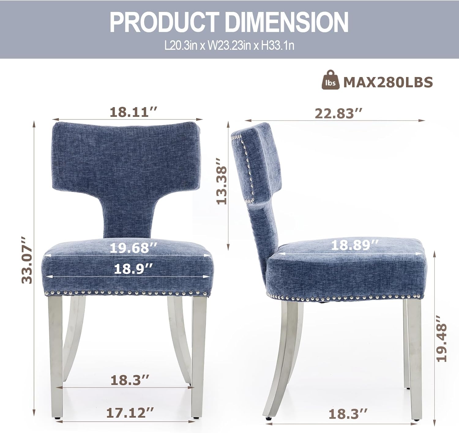 Dining Chair Set of 4 Linen Fabric Curved Backrest Farmhouse Mid Century Accent Upholstered Kitchen Chairs with Silver Legs and Foot Pad for Dining Room/Living Room/Restaurant,Blue