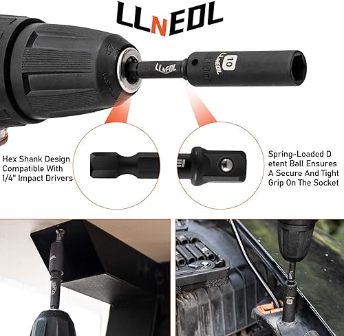 Miniatura 7 de LLNEDL Juego de llaves de impacto de 14 de pulgada, juego de llaves de vaso métricas (0.15-0.59 pulgadas) de profundidad y poco profunda, 6 puntos,