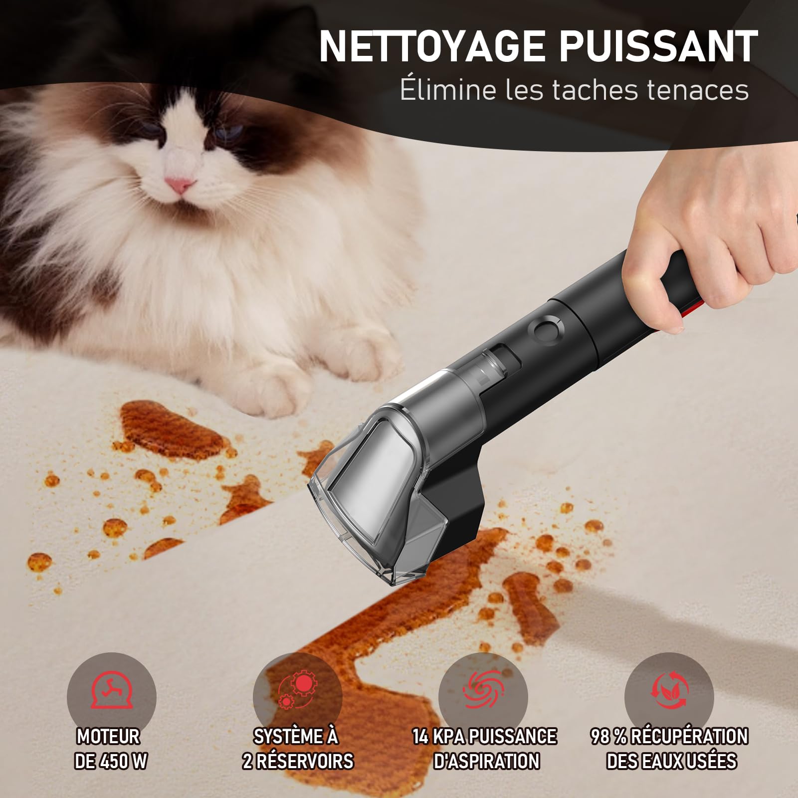 Shampouineuse, 14kPa Nettoyeur canapé tissu, Nettoyeur de tache avec brosse et outil de nettoyage de tuyaux, Nettoyeur compact et portable pour tissus d'ameublement, tapis, canapés, escaliers,voitures
