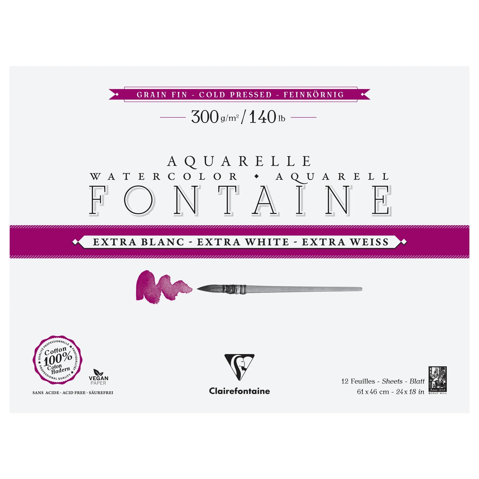 Clairefontaine 976044C Blocco collato sui 4 lati Fontaine Extra Bianco - 12 fogli carta acquerello Extra Bianco 100% Cotone a grana fine - Qualità professionale 61x46cm 300g