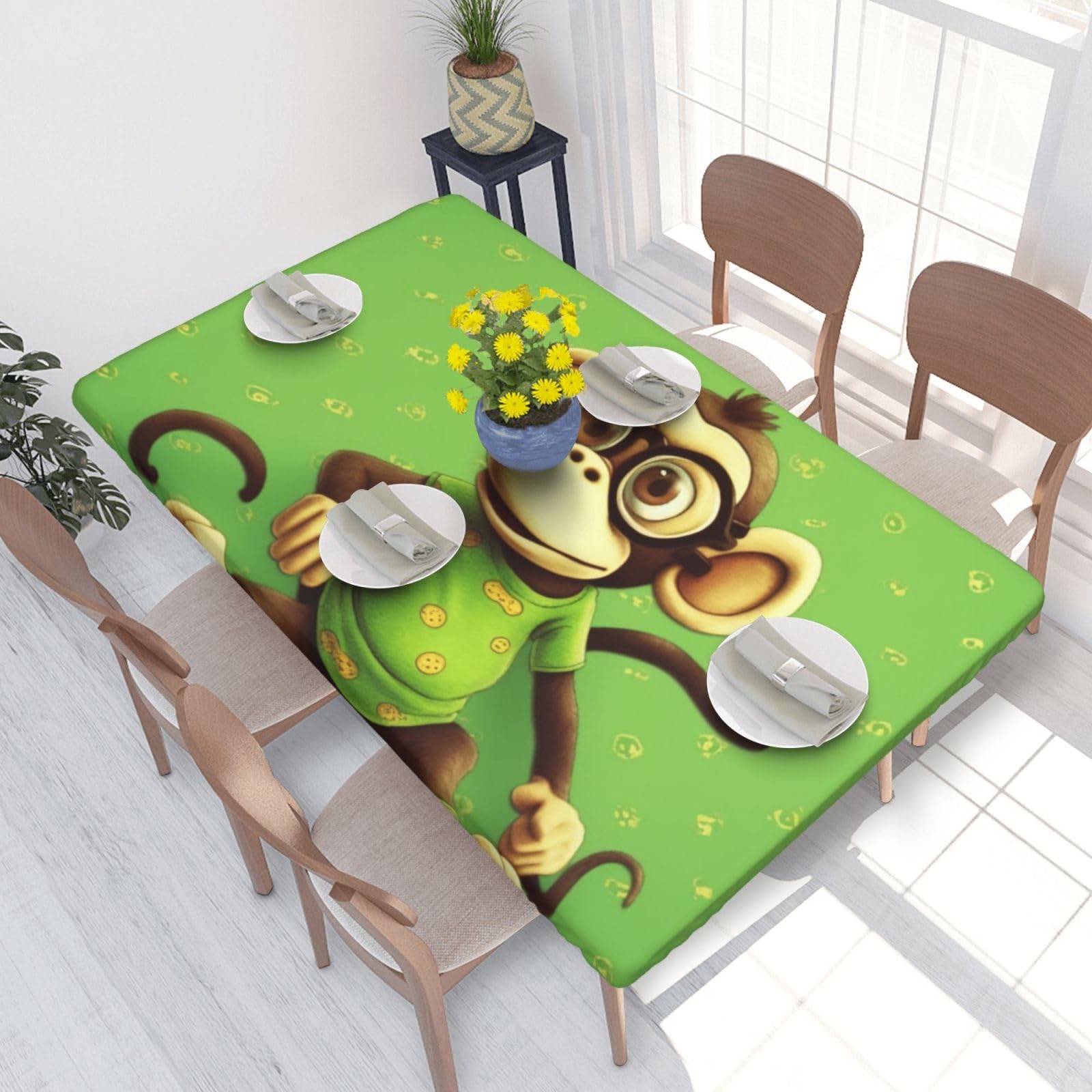 DCARSETCV Monkey Printed 4FT Waterproof Tablecloth with Elastic Edged Protect & Decor Your Table, Oil-proof Washable Table Cloth Cover for Dinner Picnic Party