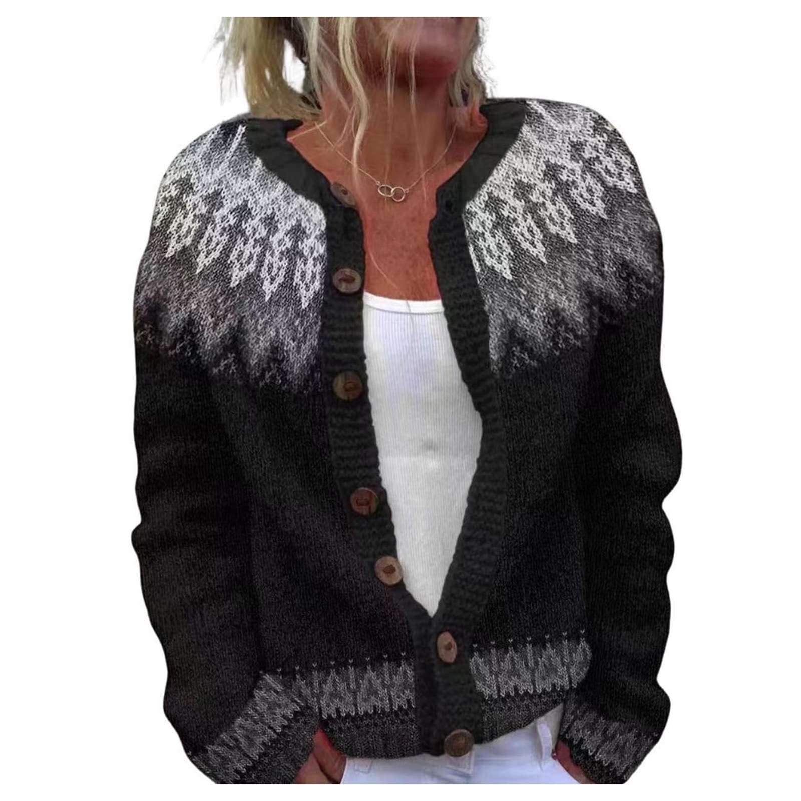 2026 New Womens Fair Isle Sweater Cardigan Novelty Print Button Down Knitted Jacket Casual Boho Argyle Outerwear
