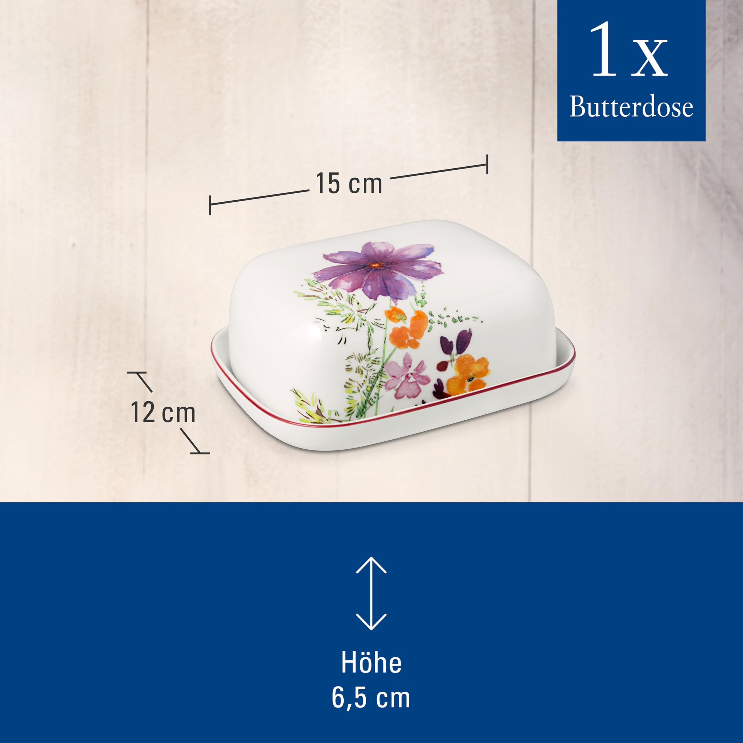 Villeroy & Boch - Mariefleur Basic Butterdose mit Deckel Bunt, Spülmaschinenfest, Mikrowellensicher, Butterglocke, Butteraufbewahrung, Dose für Butter, Florales Design, Blumenmuster, Premium Porzellen
