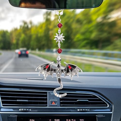 Miniatura 10 de Dije colgante para espejo retrovisor – Dije retro azul plateado con dragón retrovisor para espejo retrovisor, adorno para amantes de los dragones de