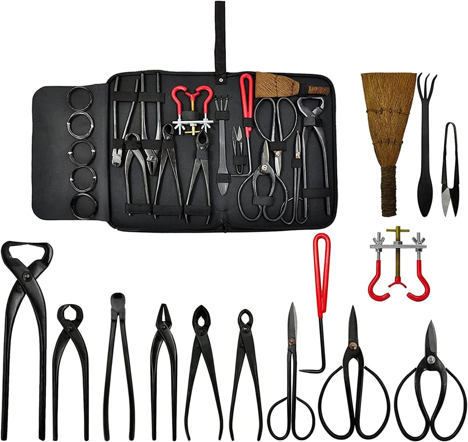 Voilamart Bonsai Tools, 20PCS Bonsai Tool Set Bonsai Tool Kit With 4 Bonsai Scissors 6 Bonsai Cutters 1 Branch Bender 1 Hook 1 Rake 1 Broom 1 Bag 5 Bonsai Wires, Garden Tools Gardening Gifts for Women