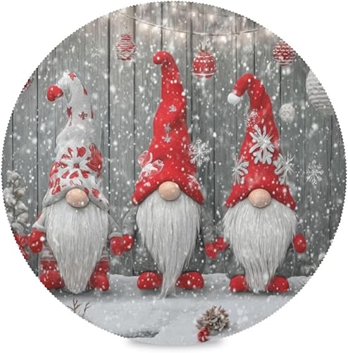 Kcldeci Juego de 1 manteles individuales redondos de 15 pulgadas, 3 lindos gnomos rojos y blancos, manteles individuales bohemios para mesa de