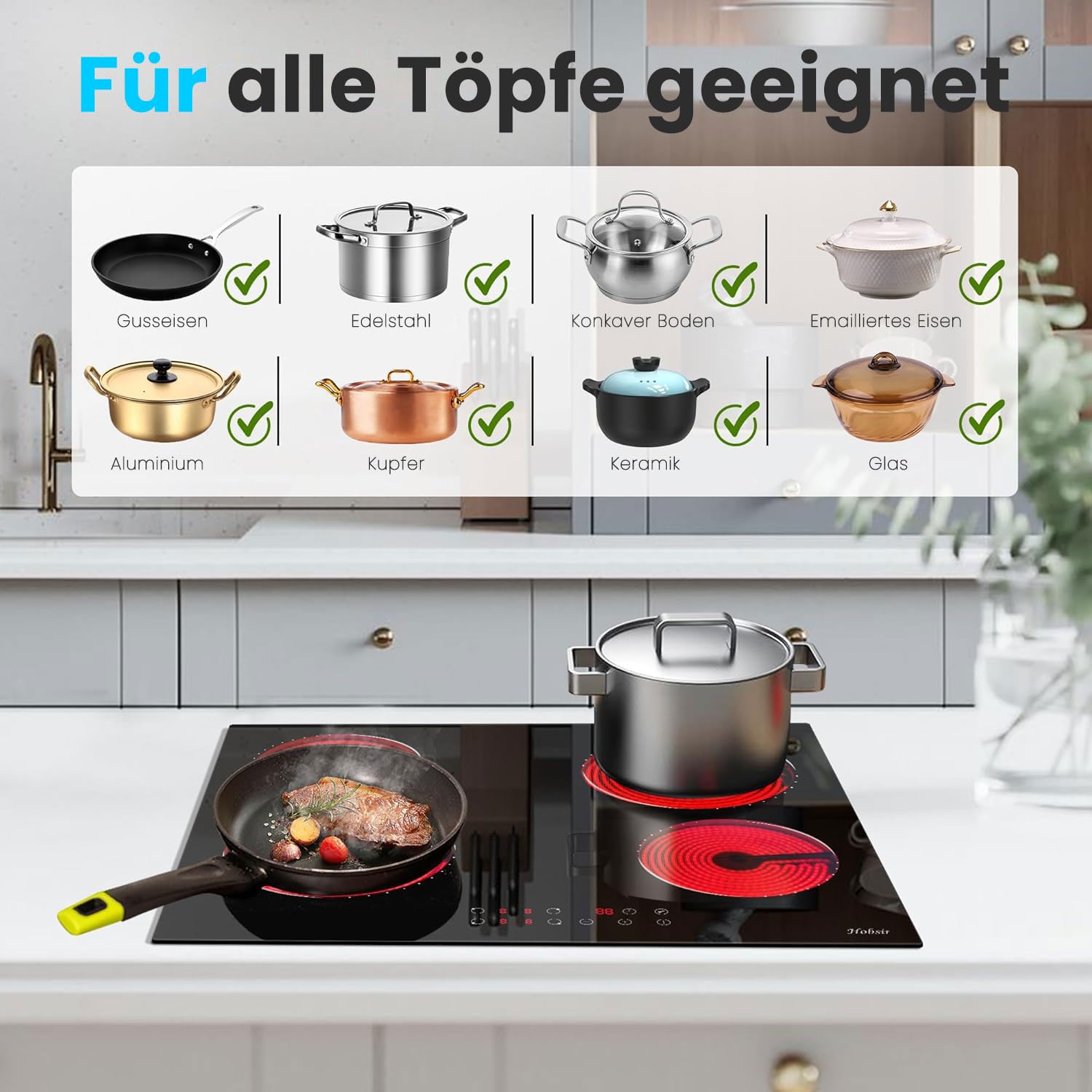 Glaskeramikkochfeld 4 Zonen 60cm 6000W 9 Leistungsstufe Sensor-touch Control Autark verkabelt