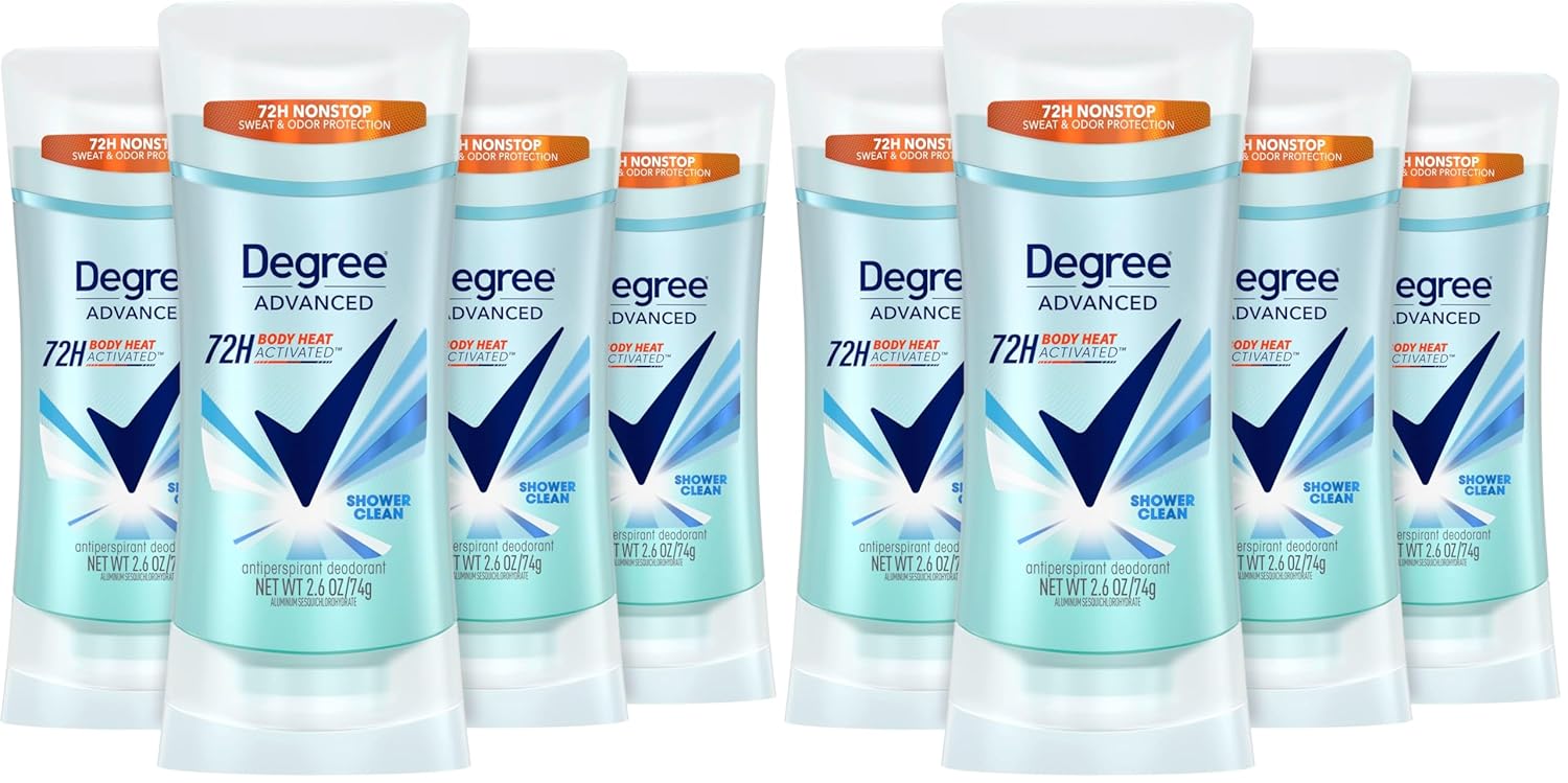 Degree Advanced Antiperspirant Deodorant 72-Hour Sweat & Odor Protection Shower Clean Antiperspirant for Women with MotionSense Technology 2.6 oz,(Pack of 8)