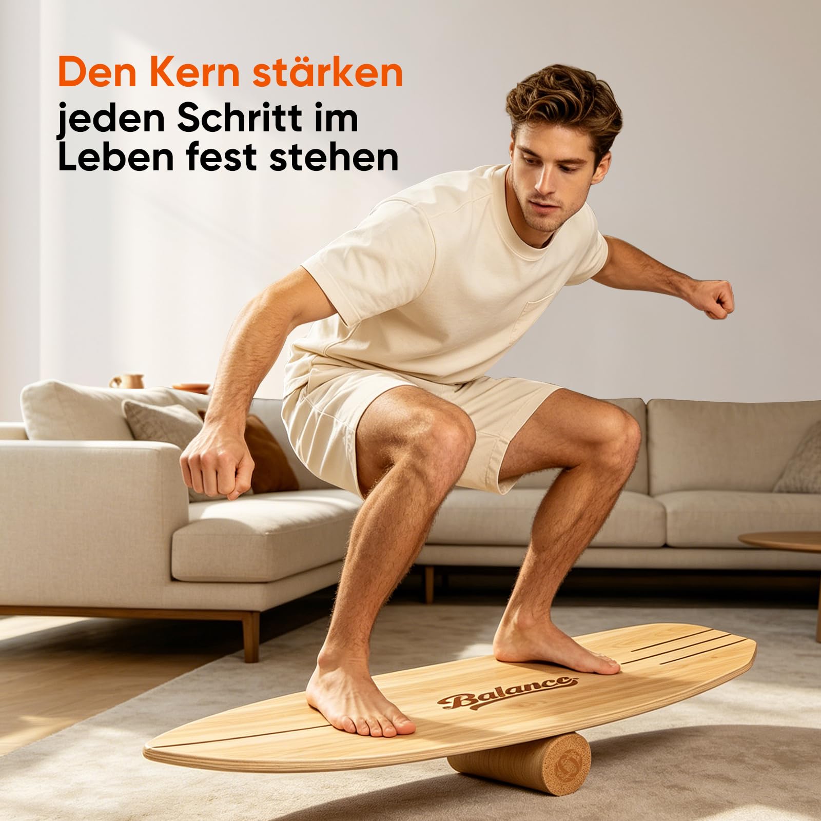 Balance Board aus Massivholz, 78 x 30 cm, bis 204 kg – Komplett-Set mit Rolle, Halbkugel & Faszienball – rutschfestes Gleichgewichtsboard für Fitness, Yoga & Reha,Holz