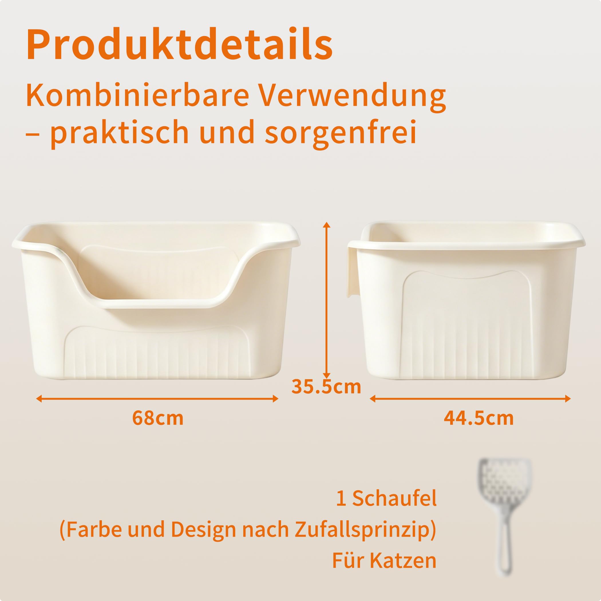 Extra große Katzentoilette mit hohem Rand, Maße 68 x 44,5 x 35,5 cm, inklusive Schaufel, aus Kunststoff, offene Oberseite, tiefes, spritzwassergeschütztes Design, niedriger Einstieg, cremefarben