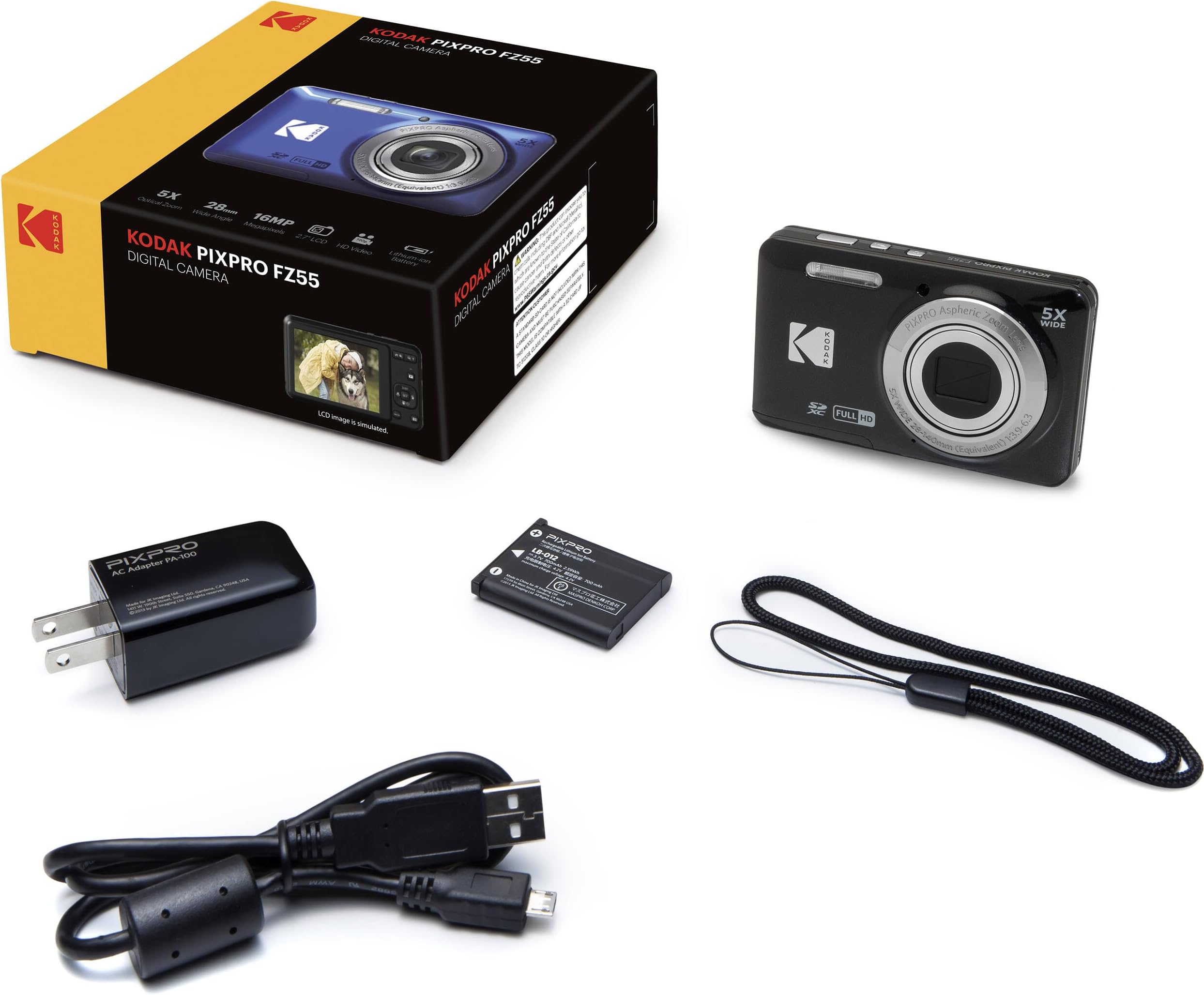 KODAK PIXPRO FZ55 16MP Black Digital Camera, 5x28mm Optical Zoom, 1080P Wide Angle, 2.7" Full HD LCD Camera, 64GB Card & Reader, Case + Memory Wallet + Tripod