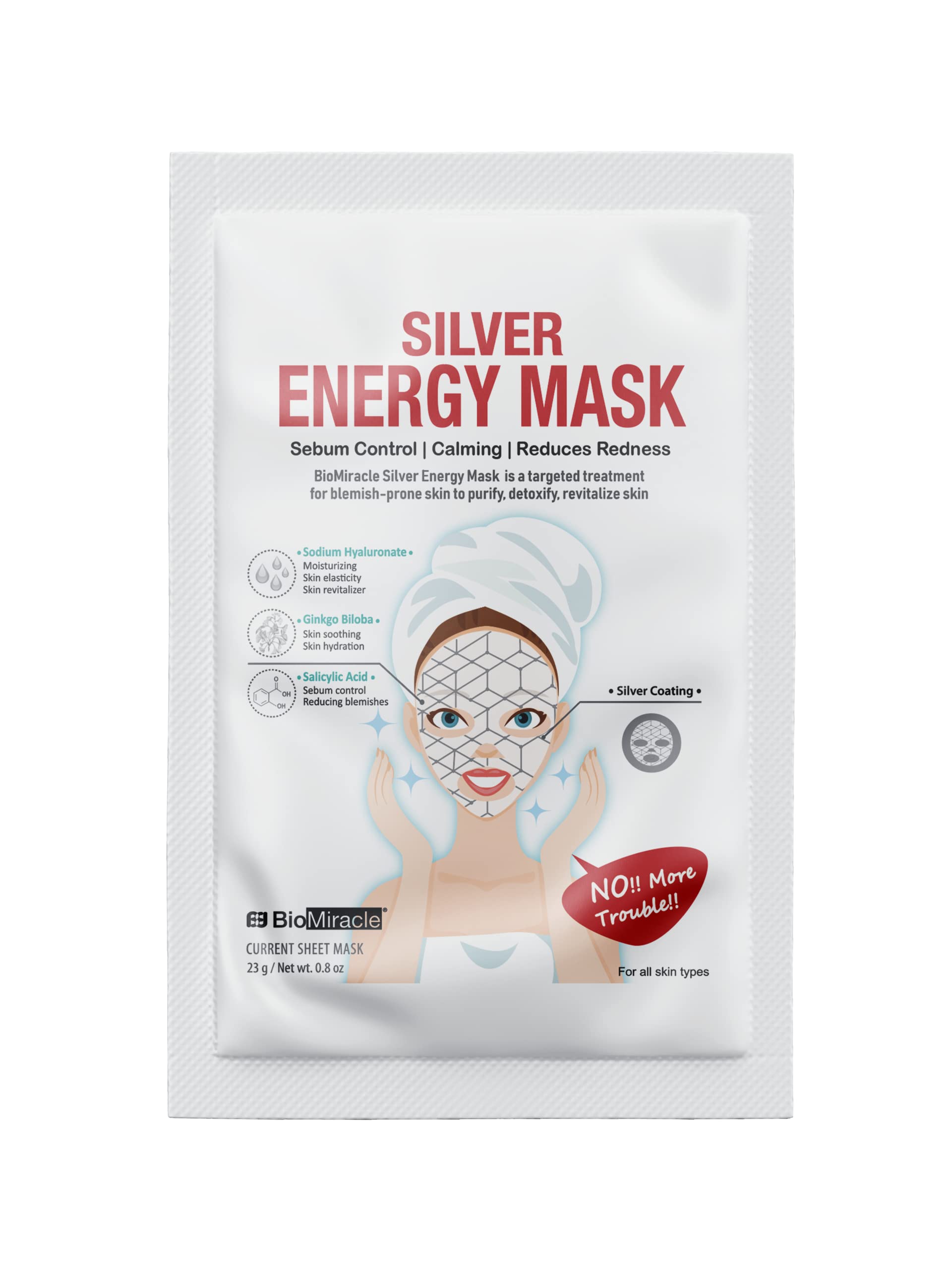 BioMiracle Silver Energy Mask with Sodium Hyaluronate, Ginkgo Biloba, Salicylic Acid for blemish-prone skin to purify, detoxify, revitalize skin