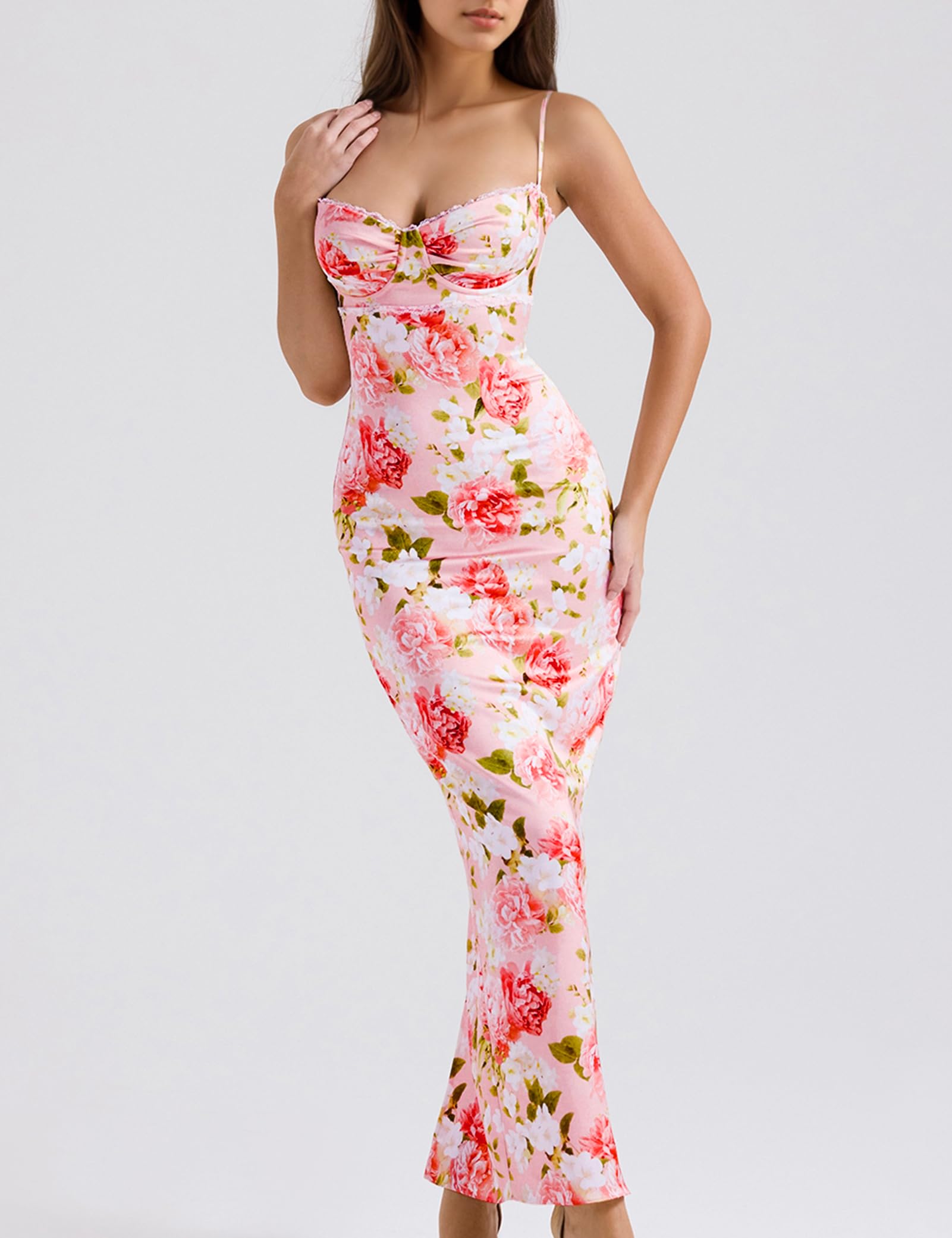 Women Sexy Backless Satin Maxi Dresses Spaghetti Strap Floral Print Dresses Slim Fit Elegant Long Dresses Night Party Outfits