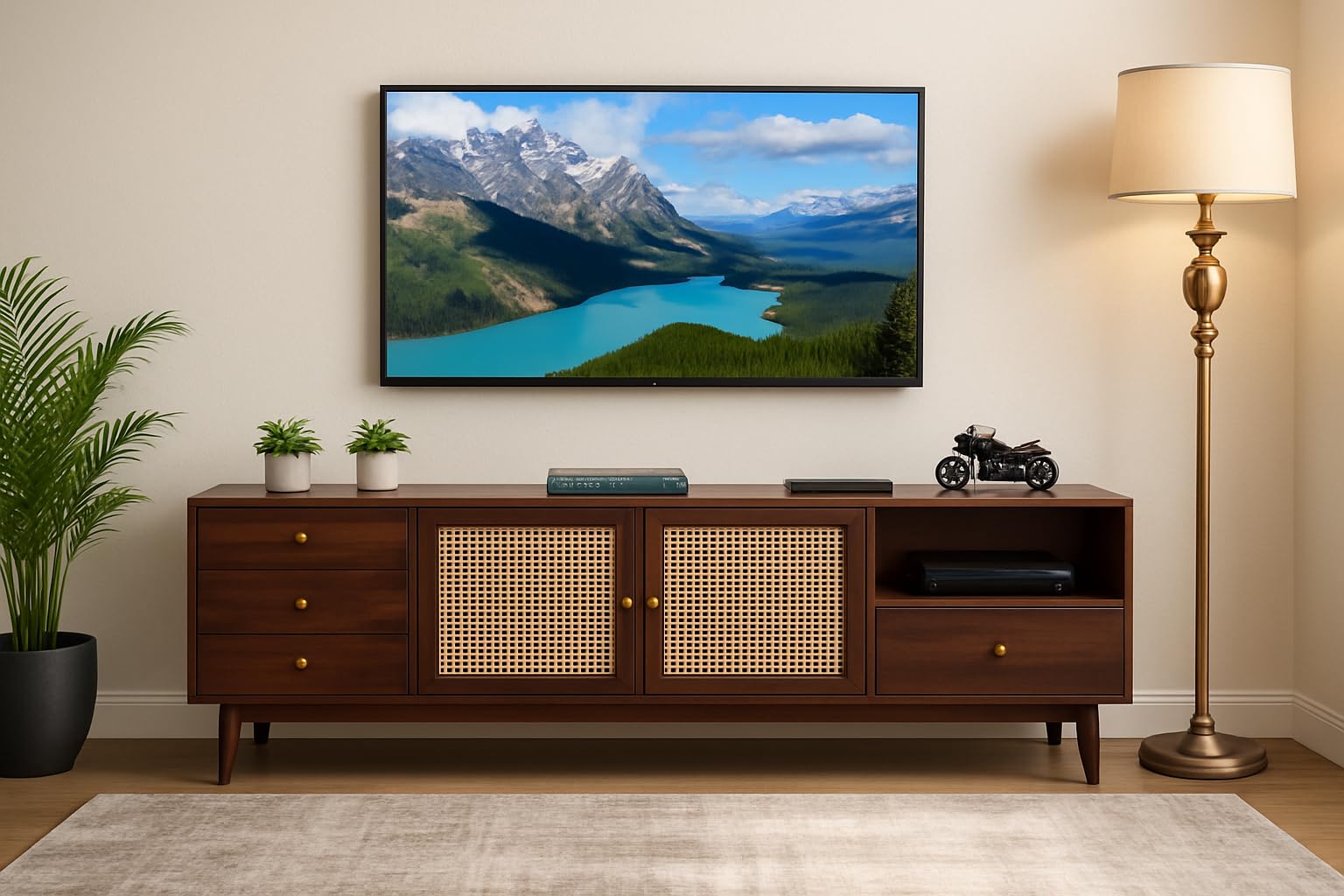 Mid-Century Modern TV Stand Entertainment Unit, Solid Sheesham Wood TV Stand for Home - Entertainment Unit Cabinet with Storage for Living Room Bedroom Wooden Furniture Walnut Finish